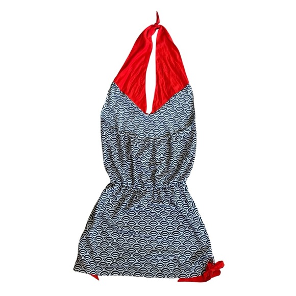 Mud Pie Halter Top Backless Orange and Dark Blue Wave Pattern Swim Coverup - Picture 6 of 12